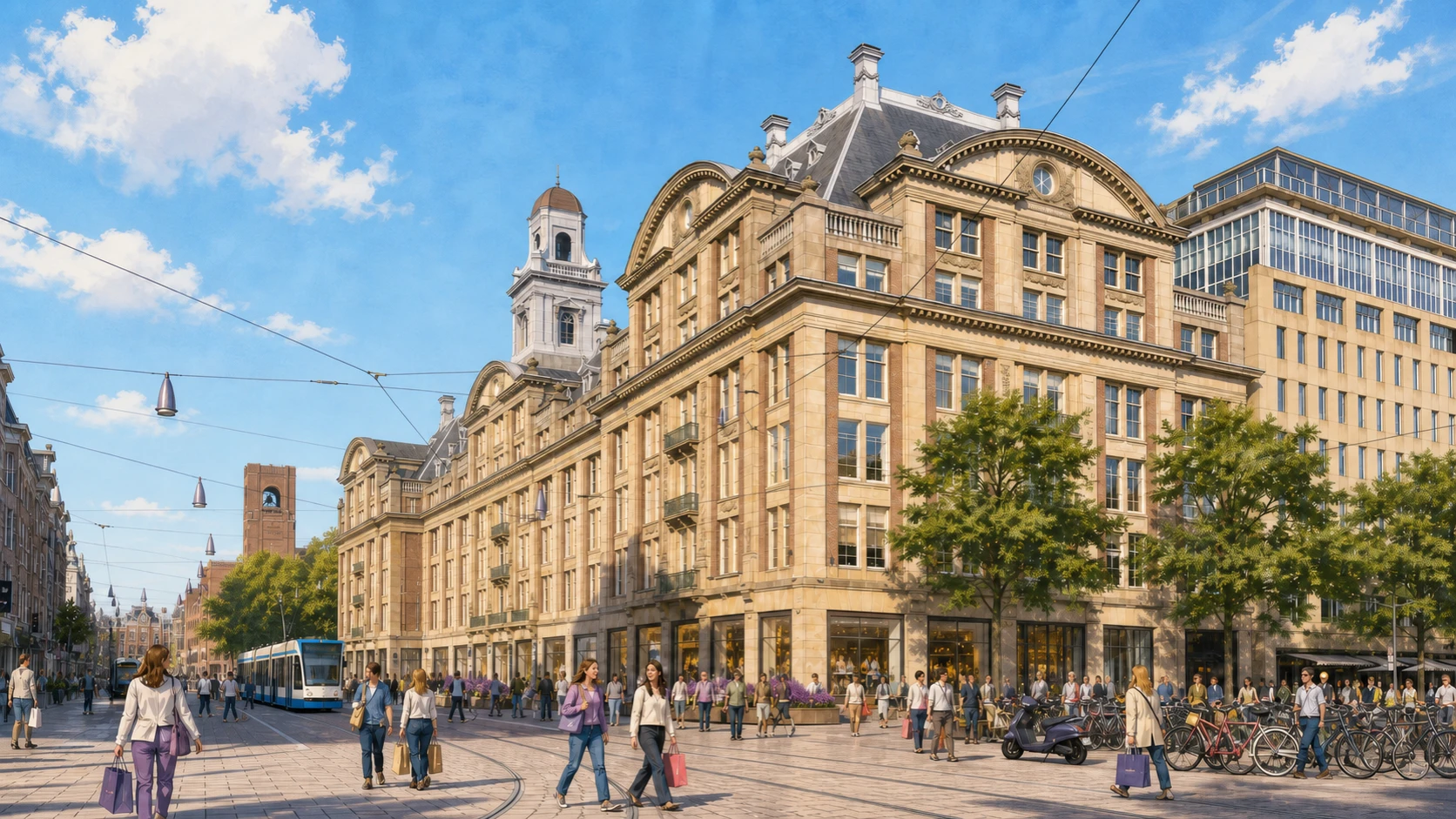 Illustrated shoppers beside De Bijenkorf on Dam Square in central Amsterdam