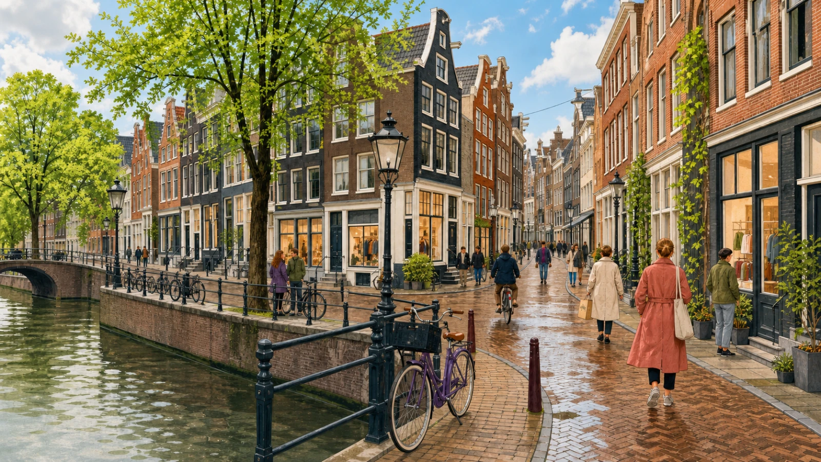 Shoppers and cyclists beside canal-side boutiques in Amsterdam's Nine Streets
