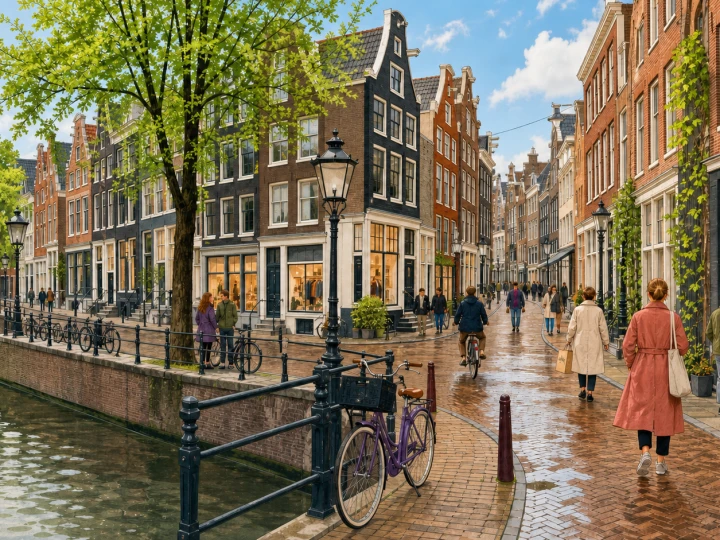 Shoppers and cyclists beside canal-side boutiques in Amsterdam's Nine Streets
