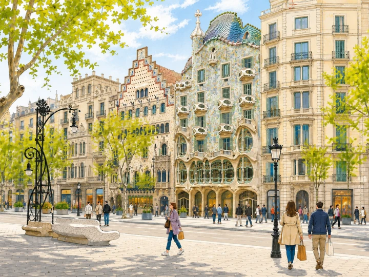Shoppers walking past Casa Batllo and Casa Amatller on Passeig de Gracia in Barcelona