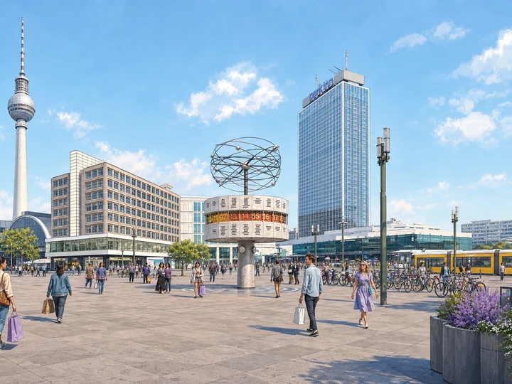 Illustrated shoppers around the Urania World Clock at Alexanderplatz with the Fernsehturm and tram in Berlin