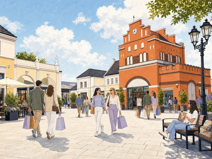 Illustrated outlet shoppers in the pedestrian square between village-style facades at Designer Outlet Berlin in Wustermark