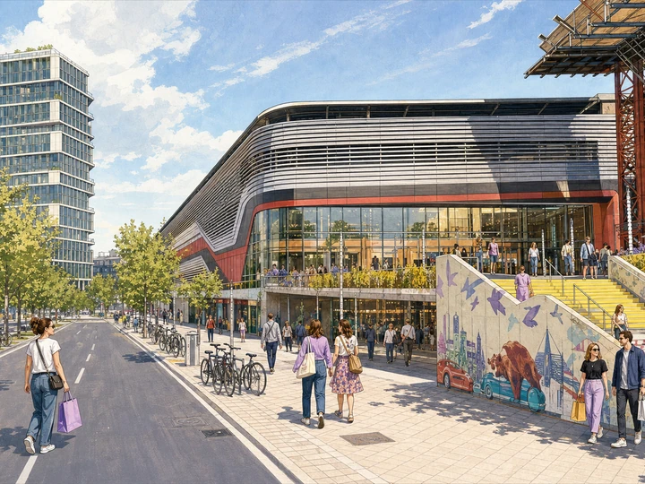 Illustrated shoppers outside the curved silver facade and stepped entrance of East Side Mall by Warschauer Strasse in Berlin