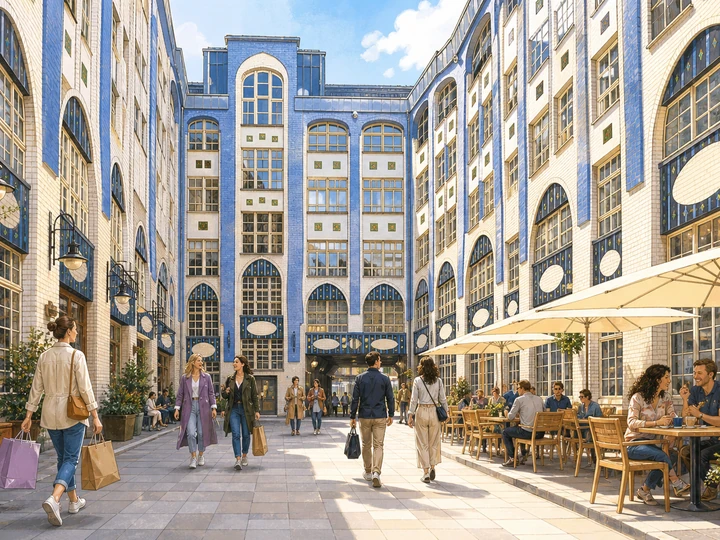 Illustrated shoppers in the blue-and-white Art Nouveau first courtyard of Hackesche Höfe in Berlin Mitte