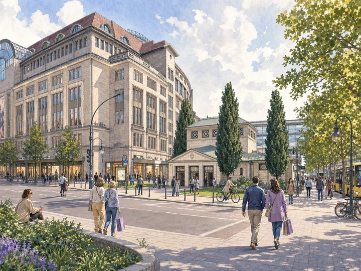 Illustrated shoppers at Wittenbergplatz outside KaDeWe and the historic U-Bahn station hall in Berlin