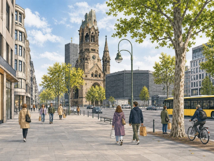 Shoppers walking along Kurfurstendamm near Kaiser Wilhelm Memorial Church in Berlin