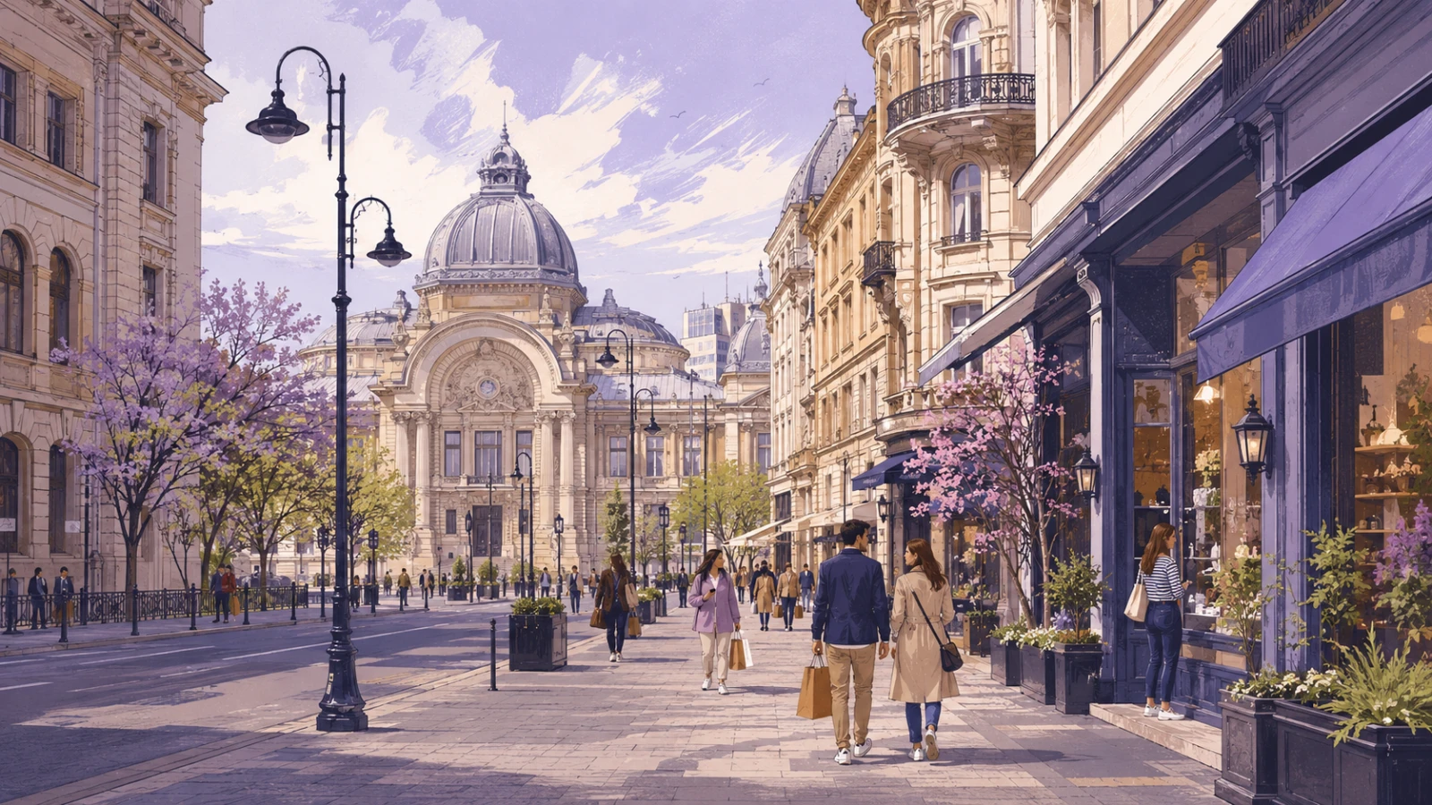 Shoppers walking past boutiques and historic buildings on Calea Victoriei in Bucharest