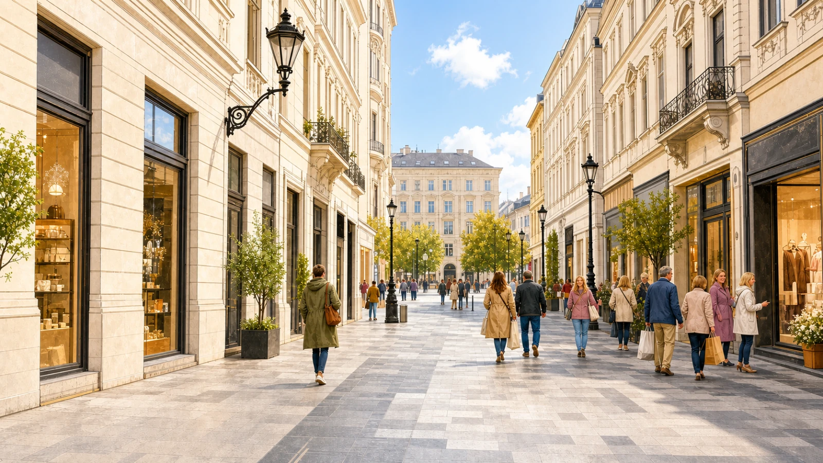 Shoppers browsing along Vaci utca in central Budapest