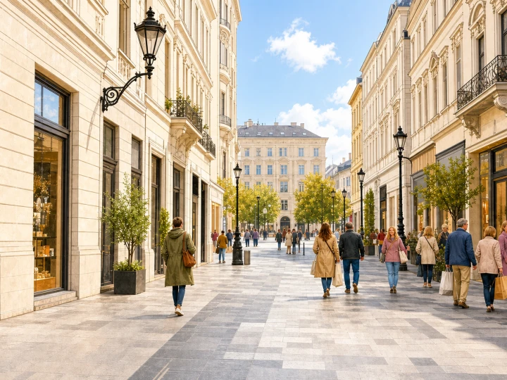 Shoppers browsing along Vaci utca in central Budapest