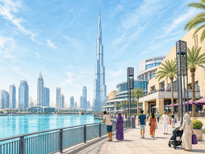 Shoppers walking along the Dubai Mall waterfront promenade with Burj Khalifa behind