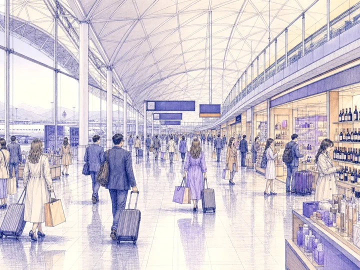 Travelers browsing shops inside Hong Kong International Airport Terminal 1 before departure