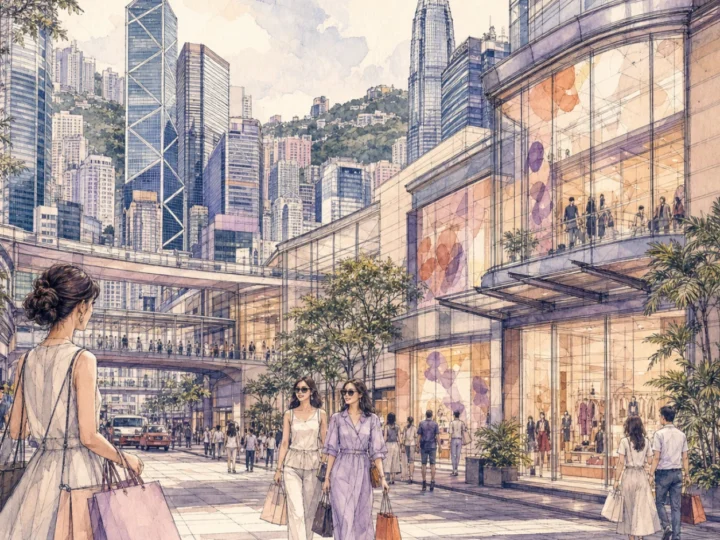 Ink and watercolor view of malls, elevated walkways and the skyline in Central and Admiralty, Hong Kong