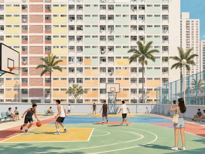 Illustration of basketball players and visitors on the colorful rooftop court at Choi Hung Estate in Hong Kong.