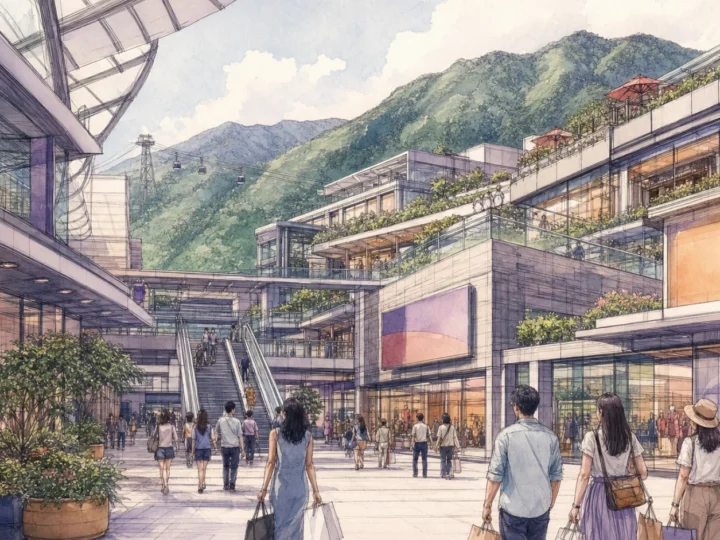 Ink and watercolor view of shoppers at Citygate Outlets with the Lantau hills in the background