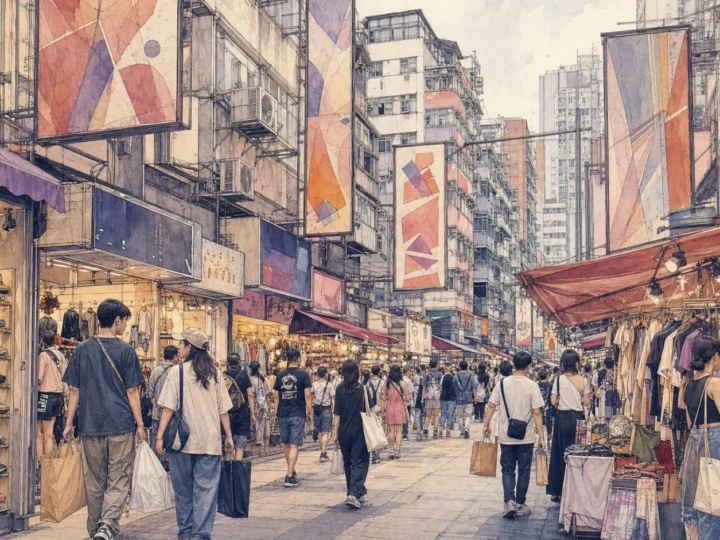 Ink and watercolor view of busy street markets and shops in Mong Kok and Yau Ma Tei, Hong Kong