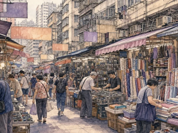 Ink and watercolor view of electronics, fabric stalls and shoppers in Sham Shui Po, Hong Kong