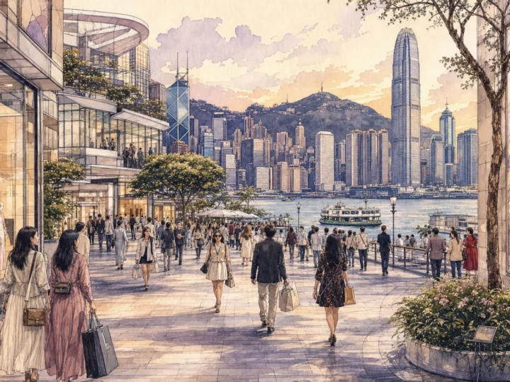 Ink and watercolor view of Canton Road shopping beside Victoria Harbour in Tsim Sha Tsui, Hong Kong