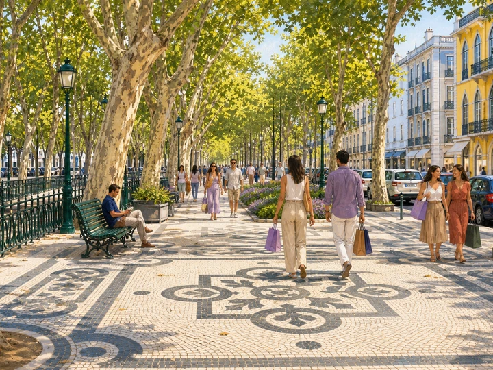 Illustrated shoppers walking along the tree-lined calcada promenade of Avenida da Liberdade in Lisbon