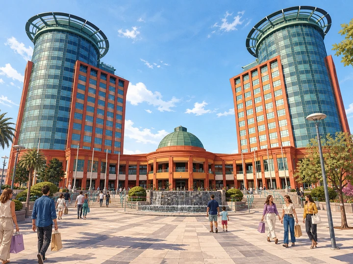 Illustrated shoppers approaching the domed entrance plaza and glass towers of Centro Colombo in Lisbon