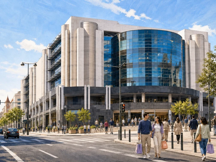 Illustrated shoppers outside the curved glass El Corte Ingles building in Avenidas Novas, Lisbon