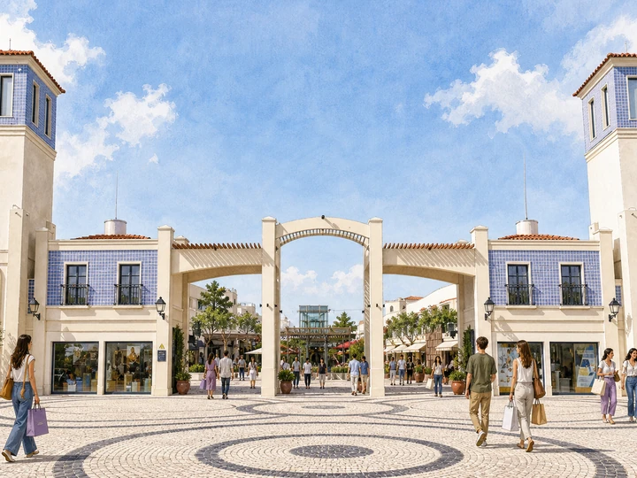 Illustrated day-trip shoppers entering the blue-tiled gateway of Freeport Lisboa Fashion Outlet in Alcochete