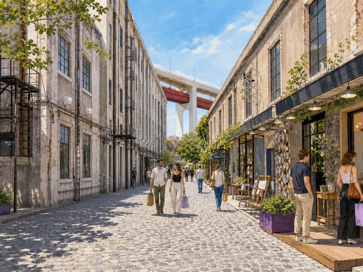 Illustrated shoppers exploring the cobblestone industrial lane and independent shops of LX Factory in Lisbon