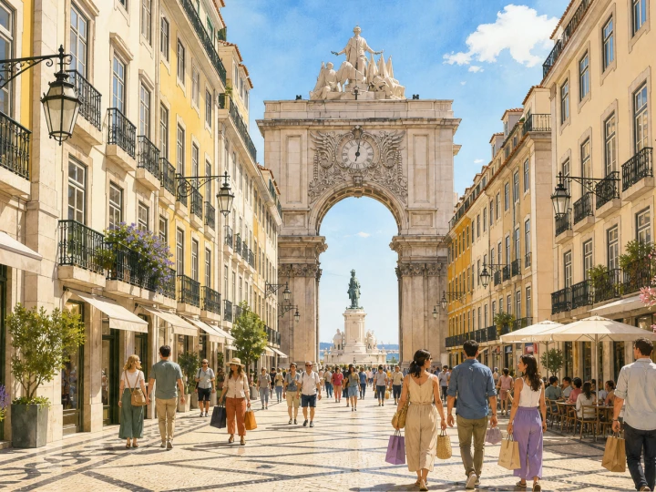 Shoppers on Rua Augusta facing the Arco da Rua Augusta in Lisbon
