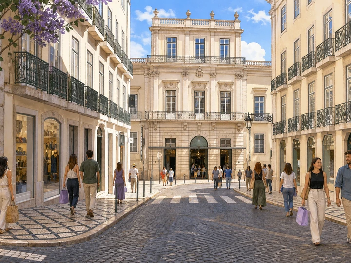 Illustrated shoppers on Rua Garrett among the pale facades and calcada paving of Chiado in Lisbon