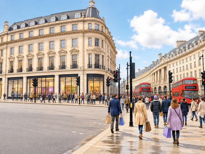 Shoppers at Oxford Circus with red buses on Oxford Street in London