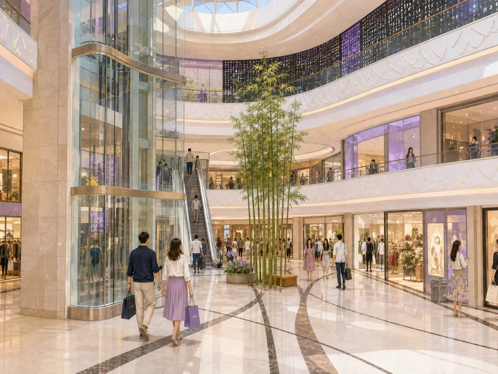Illustrated shoppers in the curved marble atrium of Galaxy Promenade in Macau