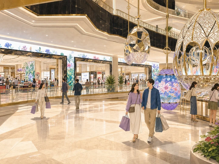 Illustrated shoppers beneath sculptural lights in the shopping atrium of Grand Lisboa Palace in Macau