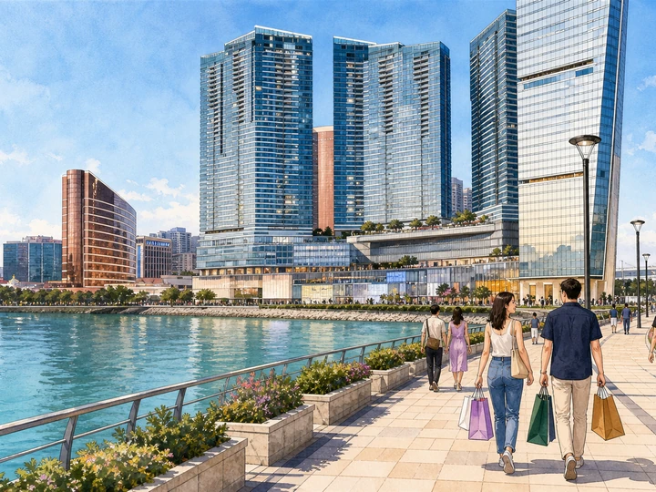 Illustrated shoppers walking beside Nam Van Lake toward One Central shopping mall in Macau