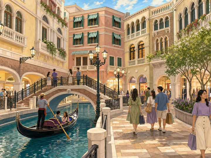 Illustrated shoppers beside the Grand Canal and arched bridge at Shoppes at Venetian in Macau