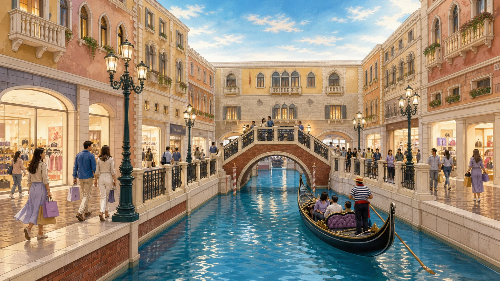 Shoppers beside the indoor Grand Canal at Shoppes at Venetian Macao