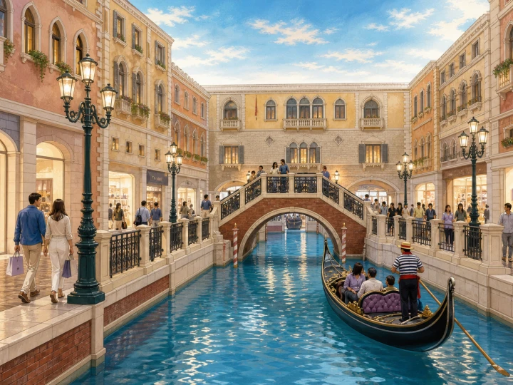Shoppers beside the indoor Grand Canal at Shoppes at Venetian Macao