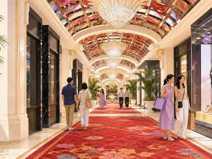 Illustrated shoppers in the chandelier-lined retail corridor of Wynn Palace Esplanade in Macau