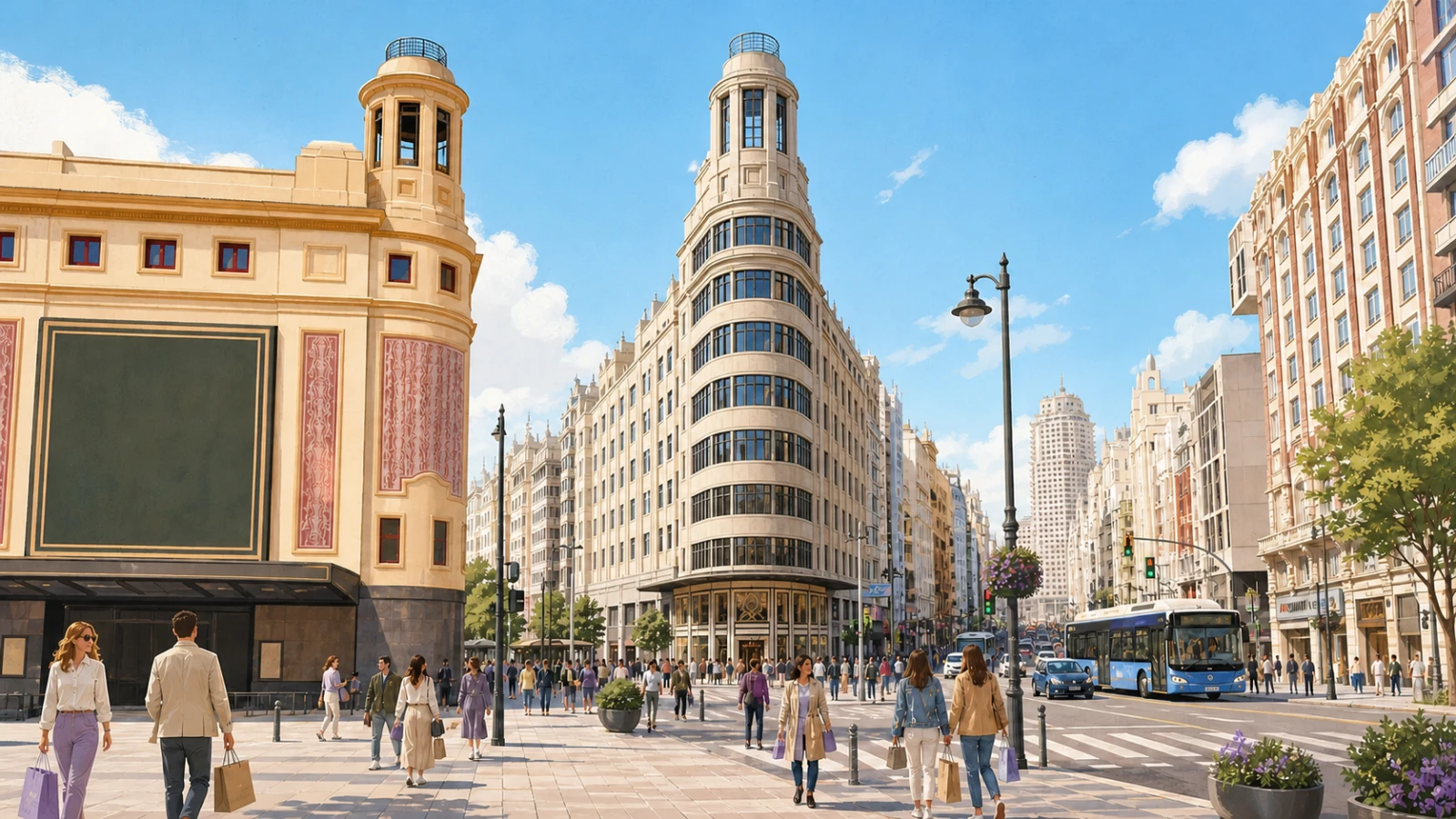 Shoppers on Gran Via at Plaza del Callao in Madrid