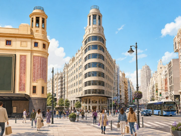 Shoppers on Gran Via at Plaza del Callao in Madrid
