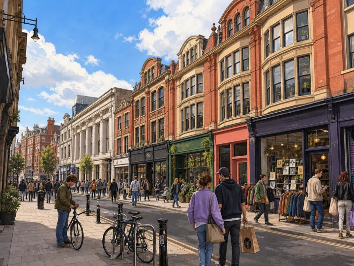Shoppers browsing independent storefronts on Oldham Street in the Northern Quarter of Manchester