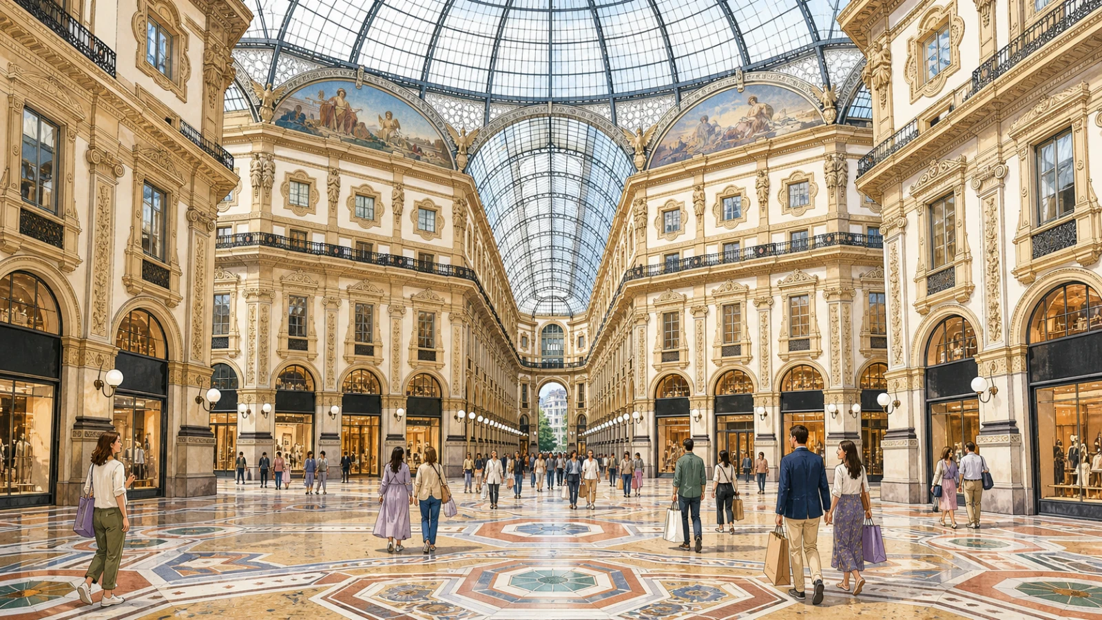 Shoppers beneath the glass vault of Galleria Vittorio Emanuele II in Milan