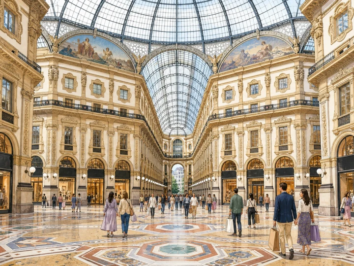 Shoppers beneath the glass vault of Galleria Vittorio Emanuele II in Milan