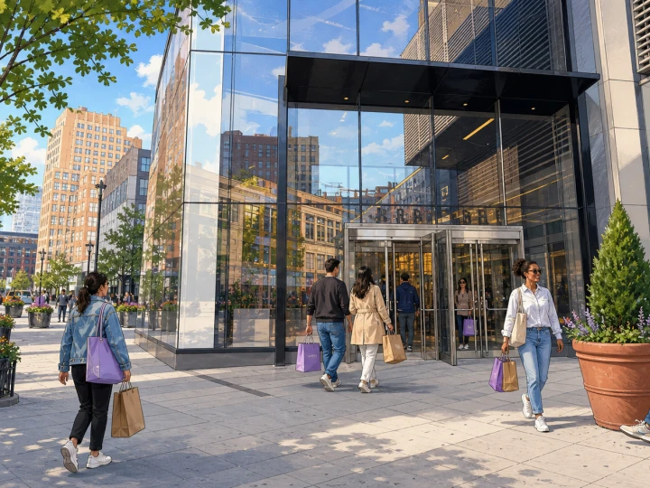 Illustrated shoppers entering City Point Brooklyn from Albee Square in Downtown Brooklyn