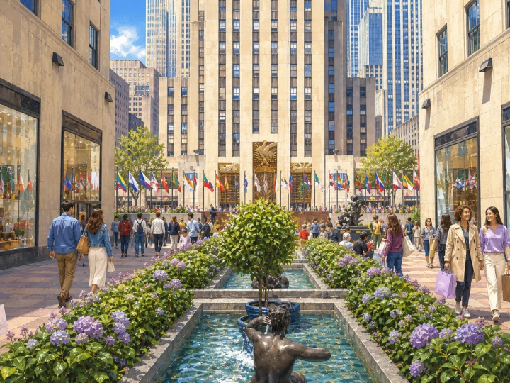 Illustrated shoppers walking through the Channel Gardens toward Rockefeller Center in New York City