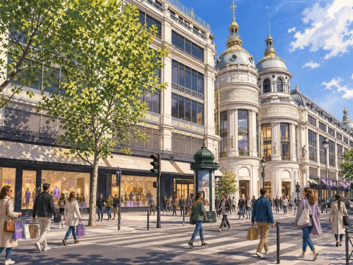 Shoppers crossing Boulevard Haussmann outside the domed Printemps department store in Paris