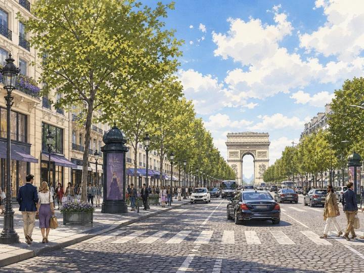 Illustrated shoppers along Avenue des Champs-Elysees with the Arc de Triomphe ahead in Paris