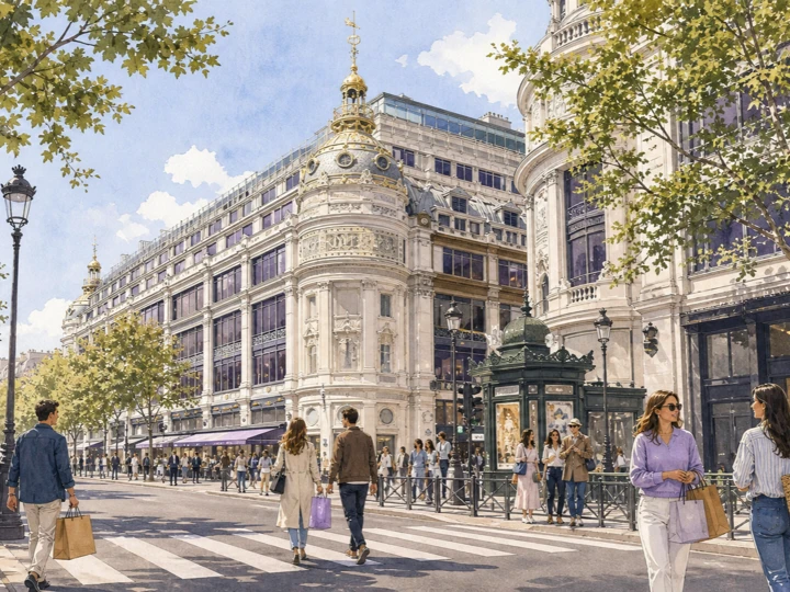 Illustrated shoppers cross Boulevard Haussmann outside the domed Printemps department store in Paris