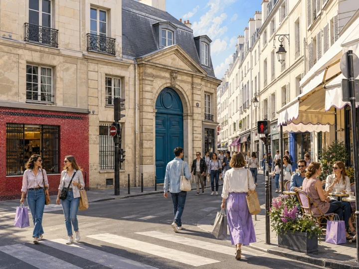 Illustrated shoppers at the intersection of Rue des Francs-Bourgeois and Rue Vieille du Temple in Le Marais, Paris