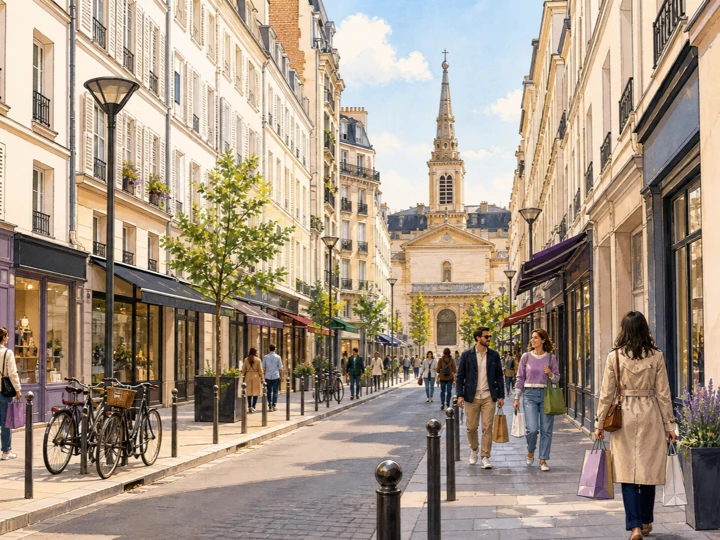 Illustrated shoppers on Rue du Commerce looking toward Eglise Saint-Jean-Baptiste de Grenelle in Paris
