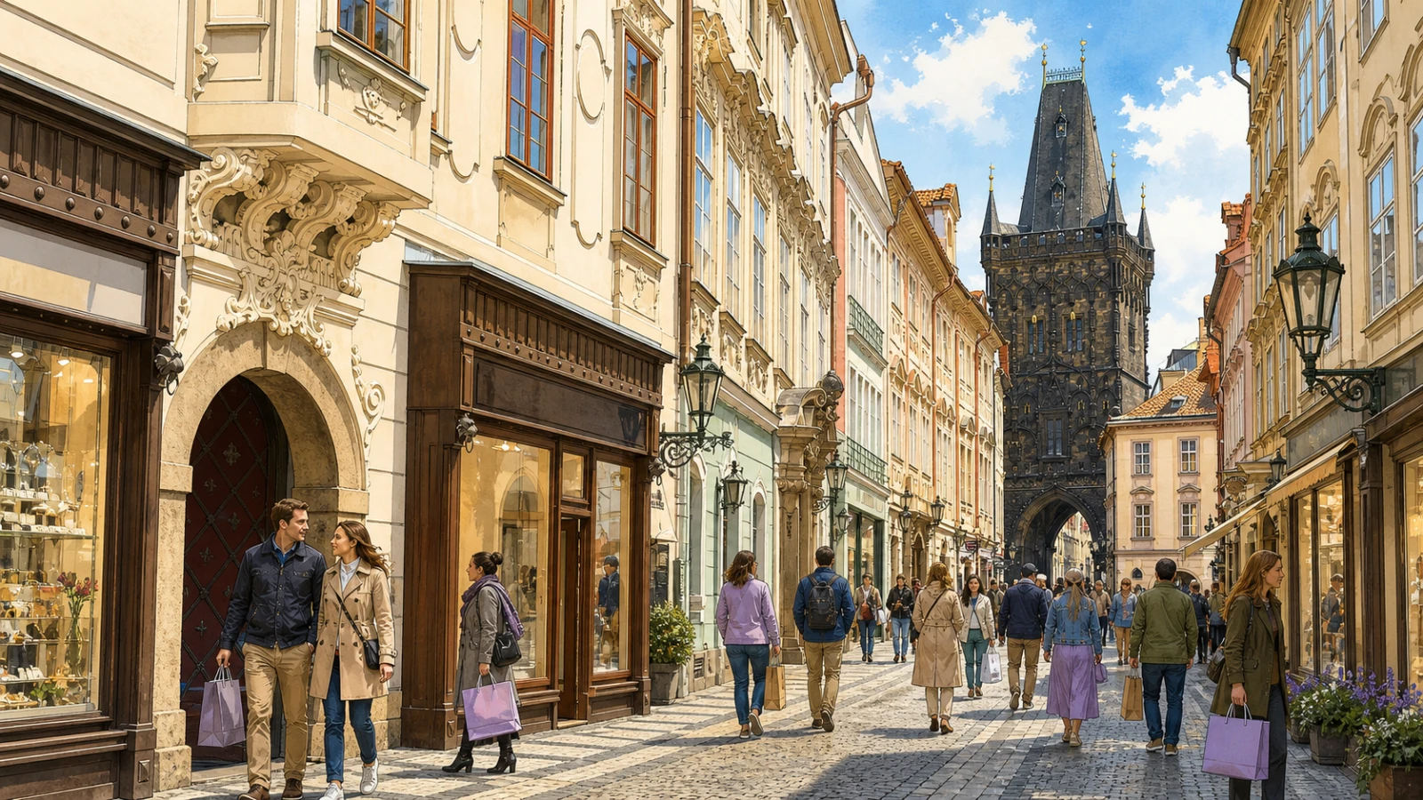 Shoppers walking along Celetna Street toward the Powder Tower in Prague