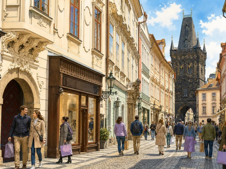 Shoppers walking along Celetna Street toward the Powder Tower in Prague